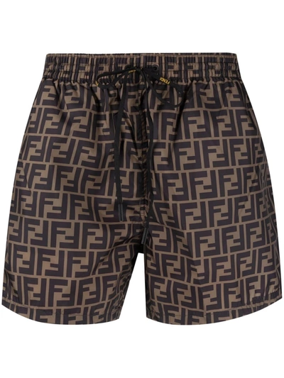 Shop Fendi Ff Logo-print Swim Shorts In Neutrals