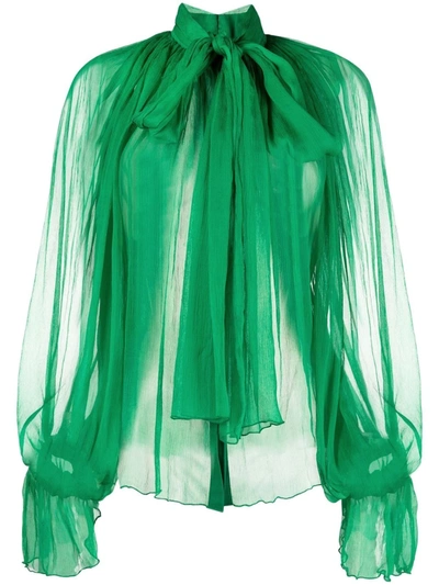 Shop Atu Body Couture Sheer Pleated Pussybow Blouse In Green