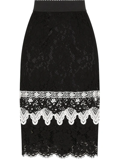 Dolce & Gabbana Lace Midi Skirt With Macramé Ruffle In Black | ModeSens