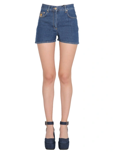 Shop Moschino Short With Teddy Embroideredcotton Denim Short With Teddy Embroidered