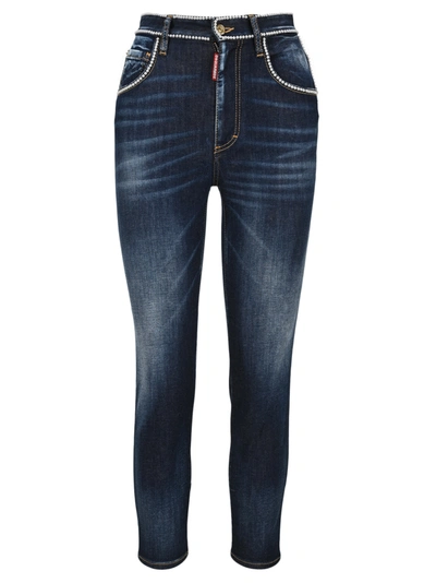 Shop Dsquared2 Beaded-trim Cropped Skinny Jeans In Blue
