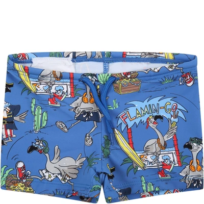 Shop Stella Mccartney Blue Swim Short For Baby Boy With Grey Flamingos