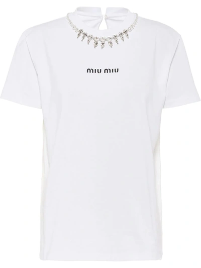 Shop Miu Miu Crystal Embellished Neck T-shirt In Mixed Colours