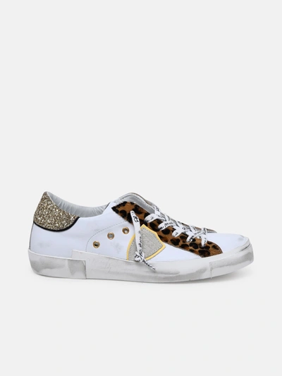 Shop Philippe Model White Leather Prsx Low Glitter Sneakers In Beige