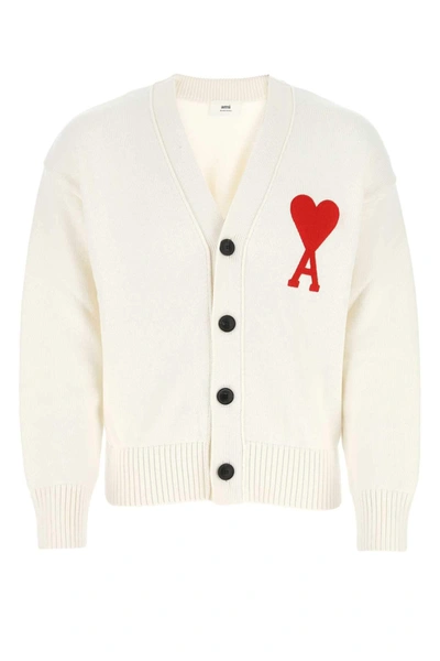 Shop Ami Alexandre Mattiussi Ami Ami De Coeur Embroidered Cardigan In White