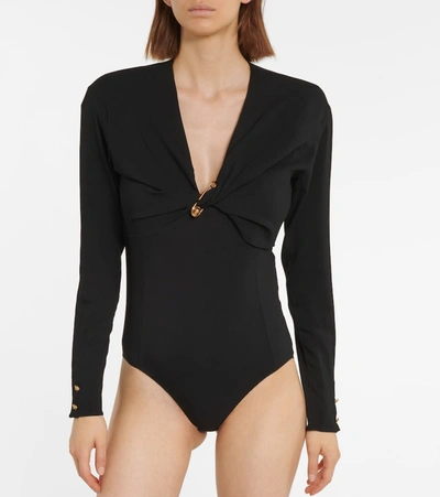 Shop Versace Safety Pin Georgette Bodysuit In Black