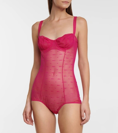 Shop Dolce & Gabbana Dg Jacquard Tulle Bodysuit In Pink
