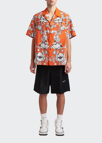 Shop Valentino Men's Garden-print Short-sleeve Shirt In Orange/multi