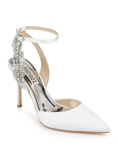 Shop Badgley Mischka Blanca Satin Crystal Ankle-strap High-heel Pumps In Soft White