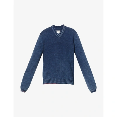 Shop Maison Margiela Distressed V-neck Cotton-knit Jumper In Medium Indigo