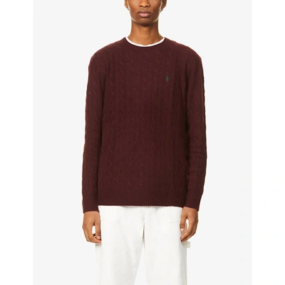 Shop Polo Ralph Lauren Logo-embroidered Cable-knit Wool And Cashmere-blend Jumper In Wine Heather