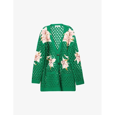 Shop Valentino Floral-embroidered Cotton-knit Cardigan In Multicolor Green