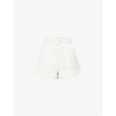 Shop Self-portrait Embroidered High-rise Cotton Shorts In White
