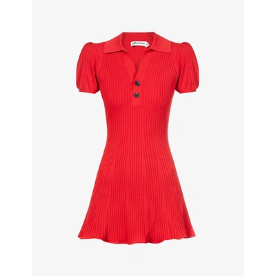 Shop Self-portrait Ribbed Stretch-knit Mini Dress In Red