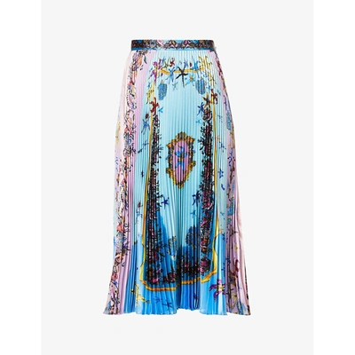 Shop Versace Printed Pleated Crepe Midi Skirt In Light Blue