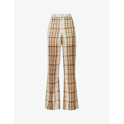 Shop Victoria Beckham Checked Split-hem Straight-leg Mid-rise Linen-weave Trousers In Tan/lime