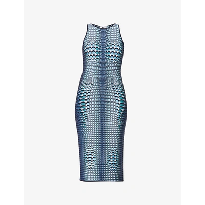 Shop Marine Serre Moon-pattern Stretch-knit Jacquard Midi Dress In Sea Blue Moon Skin Fish