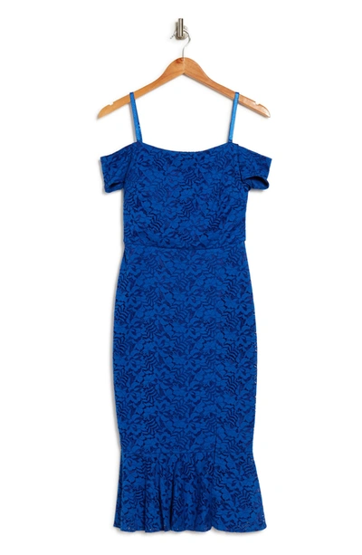 Shop Guess Off-the-shoulder Lace Flounce Dress In Cobalt