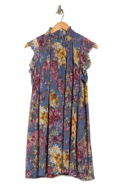 Shop Melloday Smocked Neck Floral Dress In Blue Multi