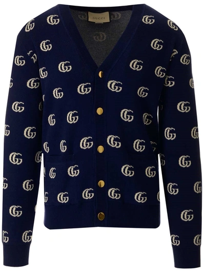 Shop Gucci Gg Intarsia Knit Jacquard Cardigan In Navy