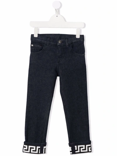 Shop Versace Greca Slim-cut Jeans In Blue