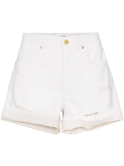 Shop Frame Le Brigette Raw-edge Denim Shorts In White