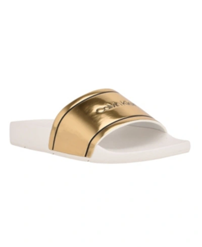 Shop Calvin Klein Women's Allen Metallic Pool Slides Women's Shoes In Gold/white