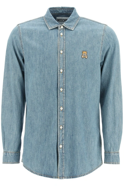 Shop Moschino Teddy Bear Chambray Shirt In Blue