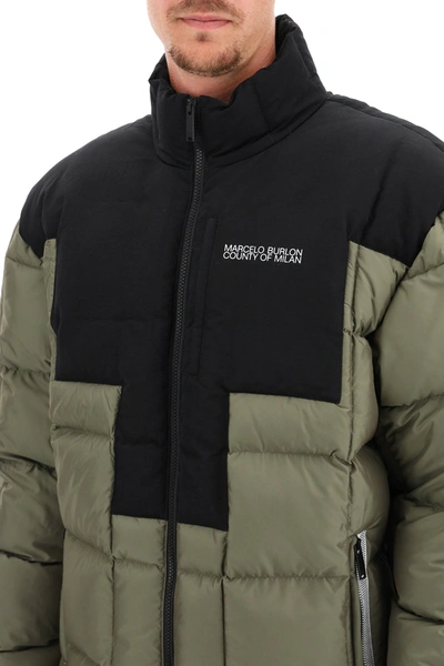 Shop Marcelo Burlon County Of Milan Cross Two-tone Down Jacket In Black,khaki