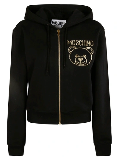 Shop Moschino Beaded Bear Logo Zip Hoodie In Black