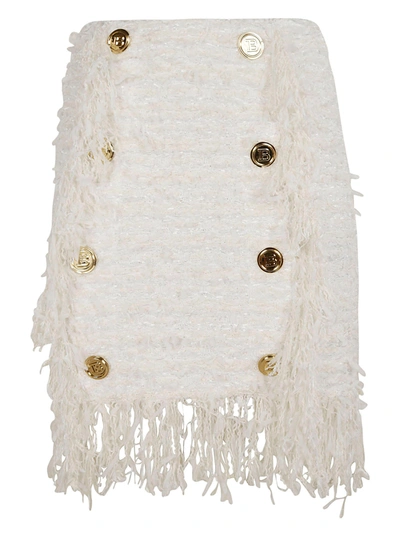 Shop Balmain Button Embellished Fringe Trimmed Skirt In Natural