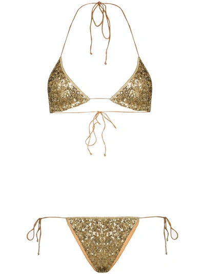 Shop Oseree Sequinned Microkini Set In Gold