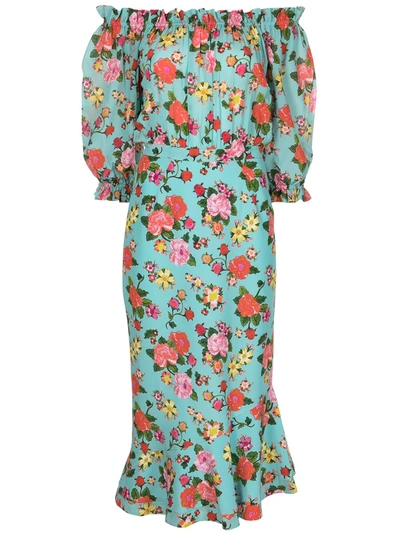 Shop Saloni Floral-print Off-shoulder Dress In Blau
