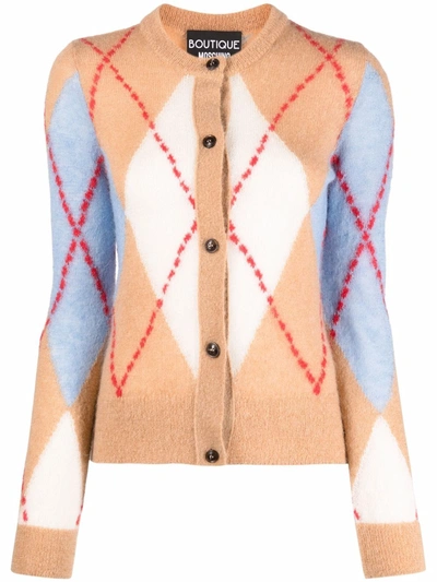 Shop Boutique Moschino Argyle-knit Cardigan In Nude