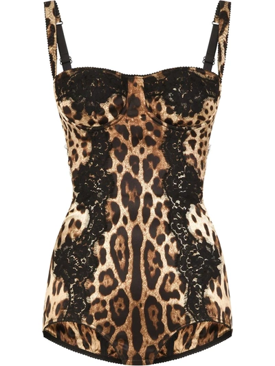 Shop Dolce & Gabbana Leopard-print Silk Balconette Bodysuit In Brown