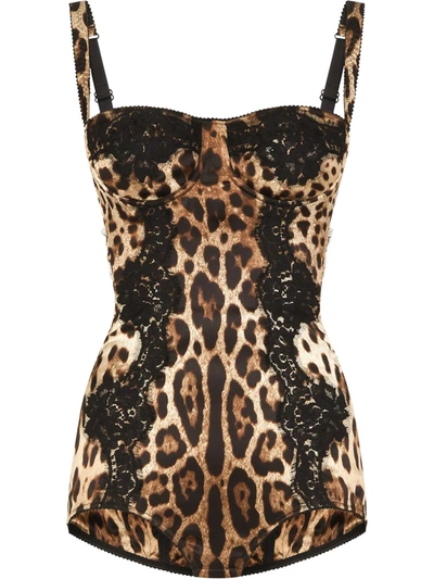 Dolce & Gabbana Silk Balconette Lingerie Bodysuit With Leopard-print Lace Details In Brown