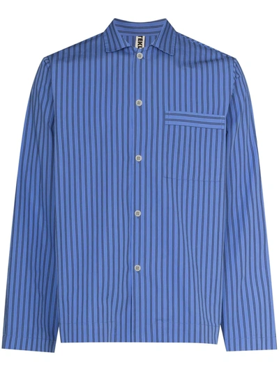 Shop Tekla Striped Poplin Pajama Shirt In 蓝色