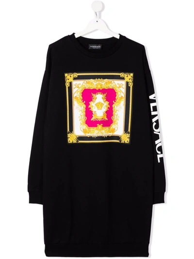 Shop Versace Logo-print Long-sleeve Sweater Dress In 黑色