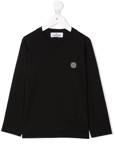 Shop Stone Island Junior Long-sleeved Cotton T-shirt In 黑色