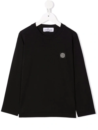 Stone Island Kids Black Cotton Long Sleeve T-shirt In 黑色
