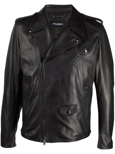 Shop Dolce & Gabbana Multi-pocket Leather Biker Jacket In Schwarz
