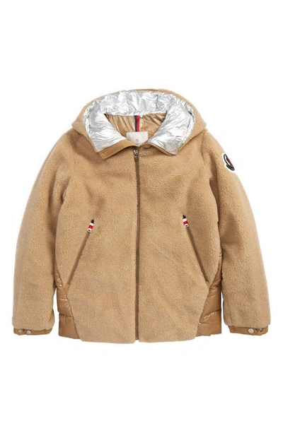 Shop Moncler Kids' Gizem Faux Shearling Hooded Down Jacket In Beige