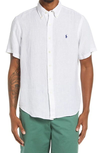 Shop Polo Ralph Lauren Short Sleeve Linen Button-down Shirt In White