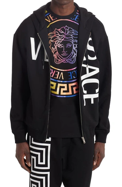 Shop Versace Logo Zip Cotton Hoodie In Black