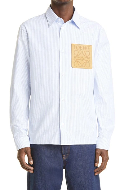 Shop Loewe Anagram Patch Stripe Oxford Button-up Shirt In White/ Blue