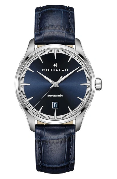 Shop Hamilton Jazzmaster Viewmatic Automatic Leather Strap Watch, 40mm In Blue