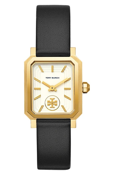 Shop Tory Burch Robinson Leather Strap Watch, 27mm X 29mm In Black/ White/ Gold