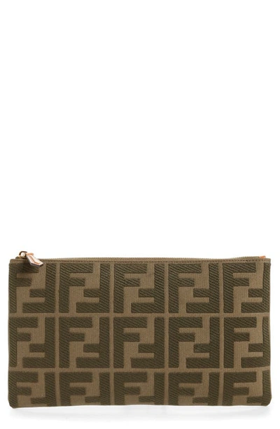 Shop Fendi Medium Ff Logo Canvas Flat Pouch In Amazzonia/ Cuoio/ Soft