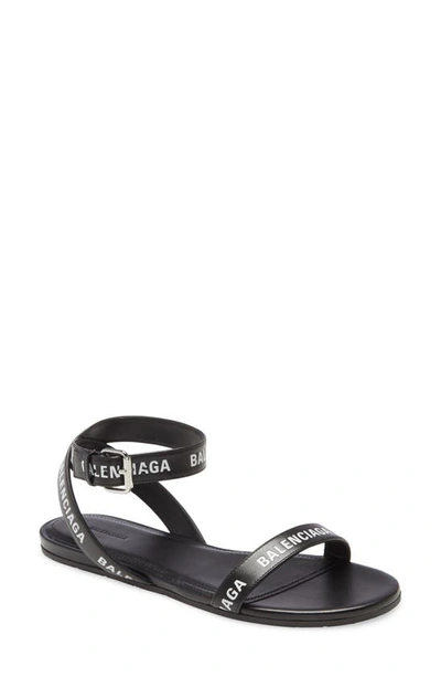 Shop Balenciaga Logo Ankle Strap Sandal In Black/ White