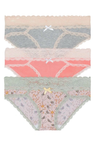 Shop Honeydew Intimates Ahna 3-pack Hipster Panties In Heather Grey/ Coral/ Floral